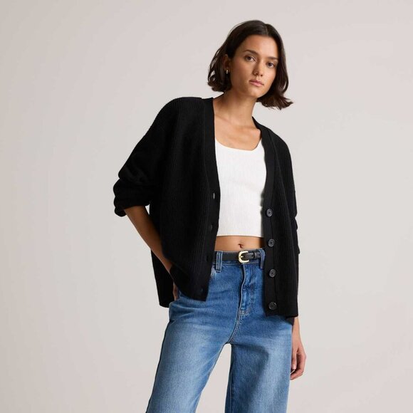 NWT! Quince Mongolian Cashmere Fisherman Boxy Cropped Cardigan Sweater, Black XL - Picture 2 of 14